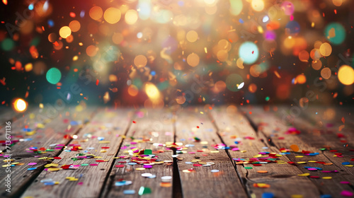 Empty wooden table top with blur confetti for party and celebrate background, new year and birthday concept 