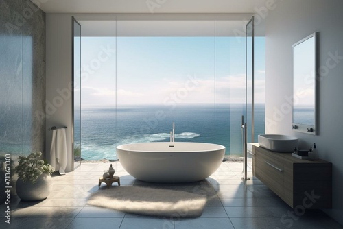 A bathroom with a stunning ocean view, designed with luxury in mind, showcased through a visually appealing 3D rendering. Generative AI © Ella