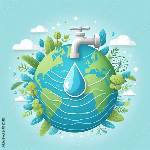 Save water concept. Earth planet with water drop. 
