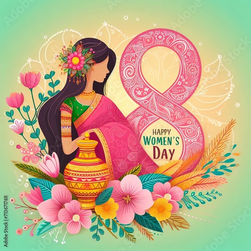 Happy Women s Day greeting card with beautiful Indian woman in traditional costume. 