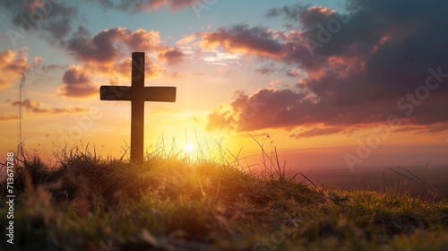 Cross Atop Grassy Hill Signifies Faith and