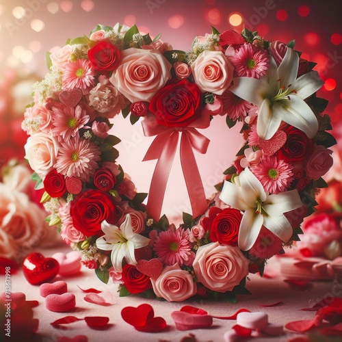 Heart shaped floral wreath for valentine's day on red background 