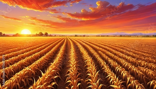 Beautiful eye catching goldish orange moody capture of sunset beauty over corn field with blue sky and clouds, agricultural landscape. Generative AI photo