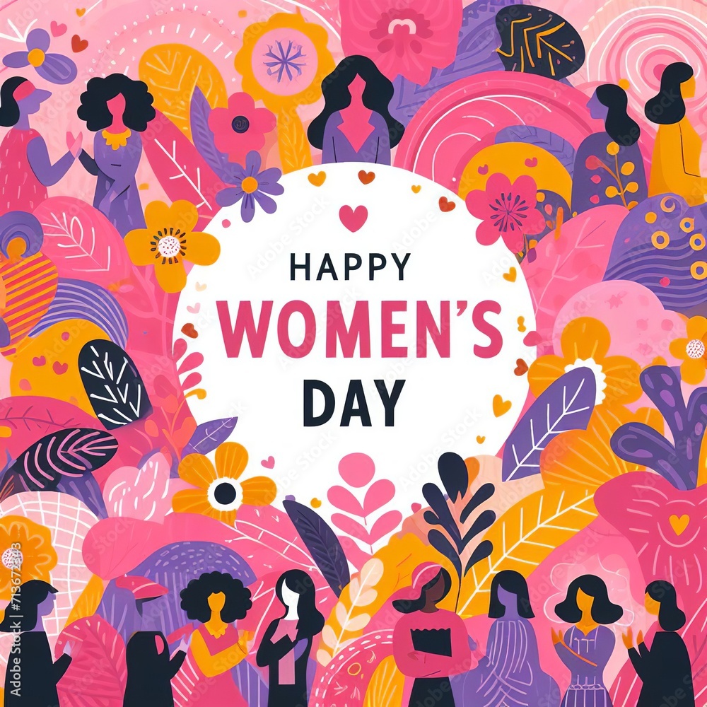 Happy Women's Day greeting card with beautiful women. 