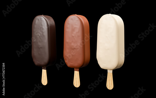 three types ice cream chocolate escimo isolated on black. Chocolate glazed icecream on stick. Ice cream covered in dark, milk and white chocolate photo