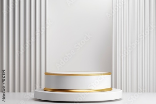 Realistic white 3d pedestal podium   with a gold and white vertical pattern abstract geometric shapes. luxury minimal scene mockup product display  promotion display.