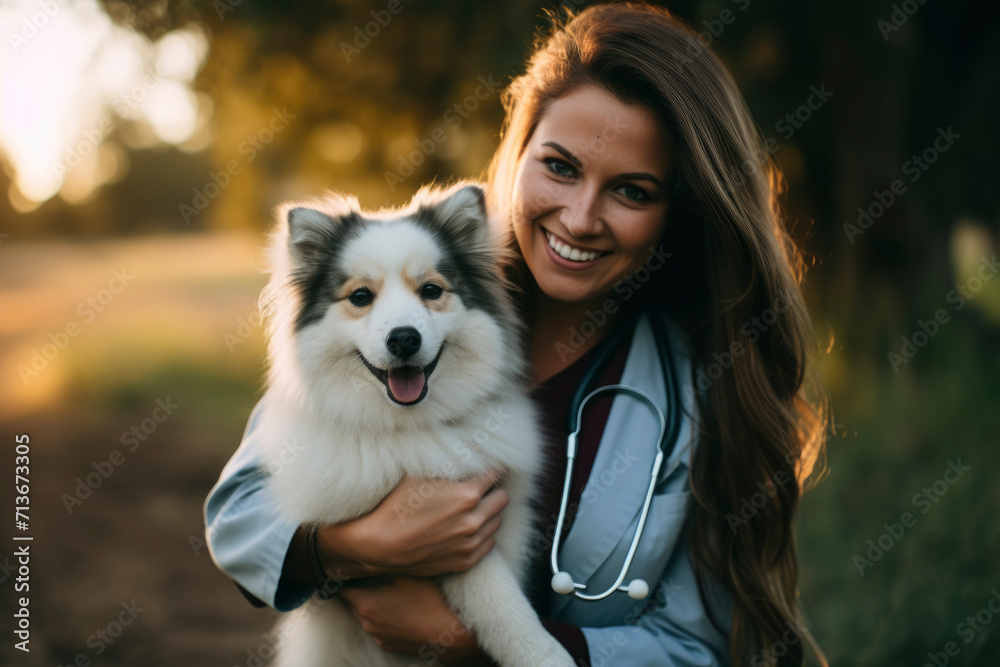 Smiling rural veterinarian with stethoscope and uniform hugging a dog during a check-up visit at the village clinic