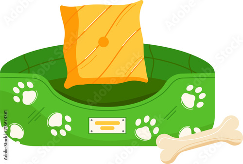 Green pet bed with paw prints, an orange pillow, and a bone. Comfortable pet furniture vector illustration.
