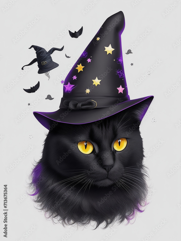 A photo of beautiful black cat wearing a witch hat rendered Generative AI