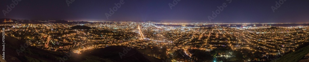Fototapeta premium San Francisco, City Lights, Panoramic View, Long Exposure, Twin Peaks Park, Night, Urban Landscape, Skyline