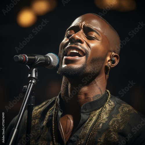 African American man singing on stage with microphone eyes closed confident 