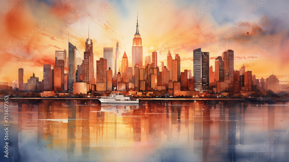 Watercolor painting capturing the iconic skyline of a bustling city at sunset, with the warm glow reflecting off the buildings.