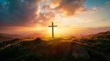 Cross on Hill With Sunset Background, Symbolic