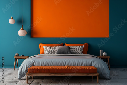 Bed and bench against orange and blue wall with copy space. A stylish art decor interior design of modern bedroom.
