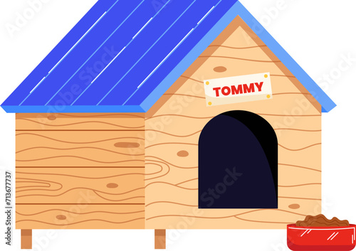 Cartoon dog house with a blue roof and nameplate reading TOMMY, next to a red food bowl. Pet shelter and care concept vector illustration.