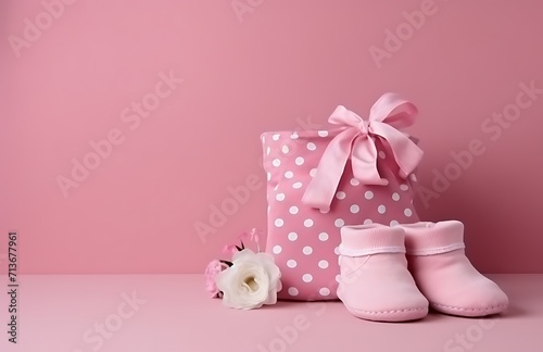Cute pink baby shoes, gift box wrapped with a ribbon, and fresh flowers arranged in front of a pink background. photo