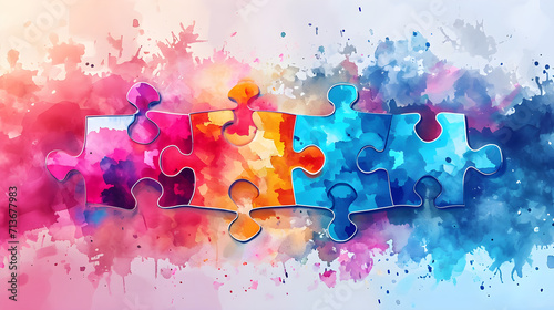 Watercolor world autism awareness day, illustration with puzzle pieces. Generative Ai