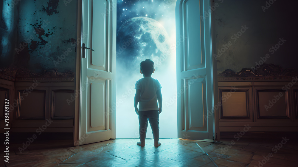 World Autism Awareness Day, A little boy stands in front of an open door to another world. The concept of child autism, Generative AI