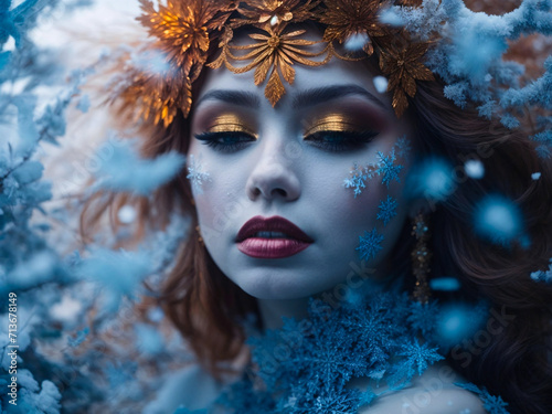 A Spellbinding Fantasy Photo Portrait of the Snow Queen, Eyes Half Closed in Dreamlike Tranquility, AI Generative