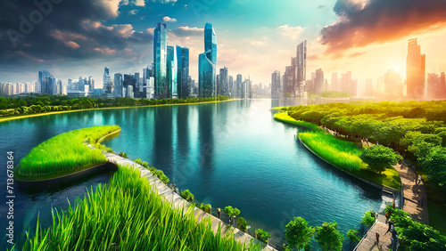 Futuristic city on water surrounded by beautiful grass  photo