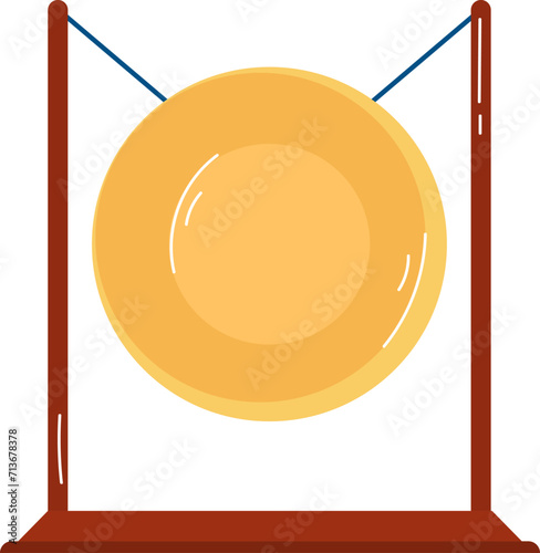 Flat design of a large yellow gong on a wooden stand with a blue mallet attached to it. Musical instrument theme vector illustration.