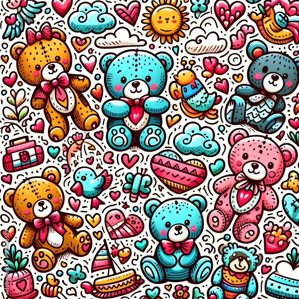 Fototapeta premium Colorful Teddy Bears Doodle art pattern with various objects