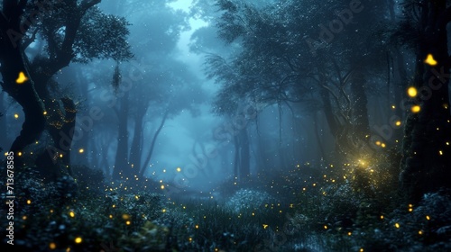 Forest With Abundant Fireflies Illuminating the