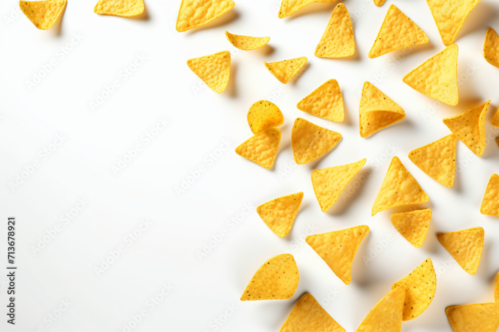 Naklejka premium Corn chips of triangular shape levitate on a white background Generative AI