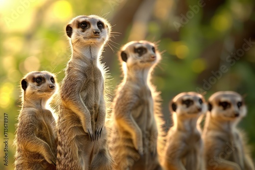 A group of meerkats standing sentinel, alert and watchful for potential dangers © Parkpoom