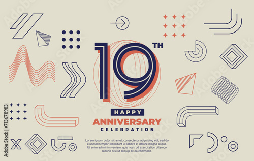 19th happy anniversary celebration with abstract geometric shape.