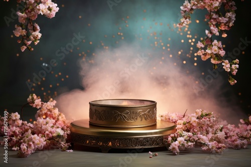 Round podium with smoke on nowruz flower background. High quality photos, no text on images generative ai photo