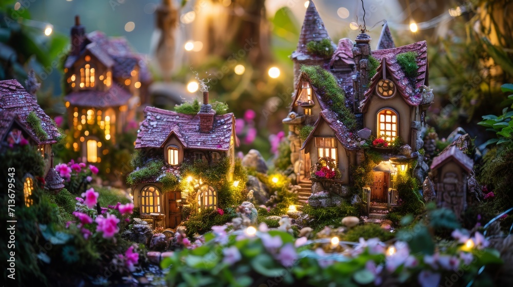 Fototapeta premium Neighborhood With Small Houses Illuminated by