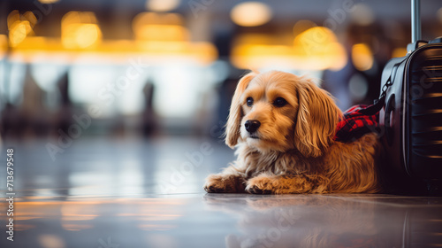 Cute little dog at the airport guarding the luggage. Devoted pet watching over the bags, waiting and missing his master, worried to be abandoned. Traveling with pets. Copy space.