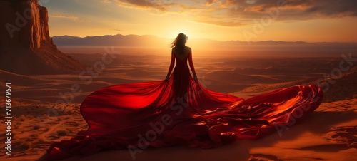 Desert Elegance: Woman in Red Dress with Long Veil at Sunset