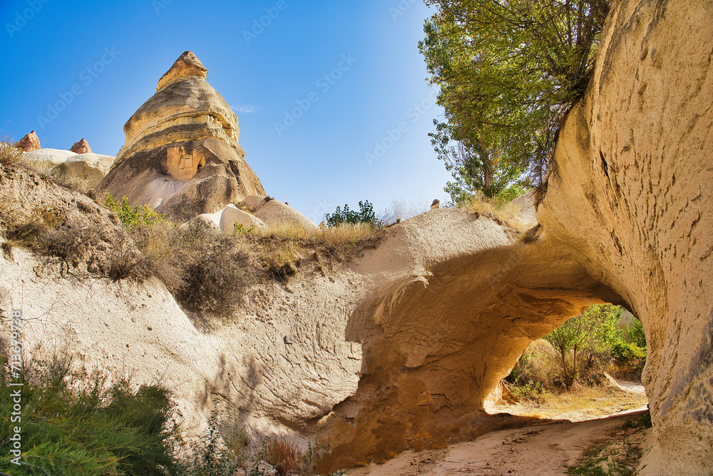 Unique geological rock and cave formations at Rose Valley near Goreme,a UNESCO world heritage site situated in Nevsehir Province, in the Cappadocia Region, Central Anatolia,Turkey.