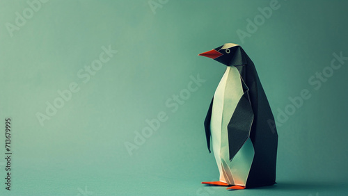 A paper origami wildlife animal of a emperor penguin on a plain colored background photo