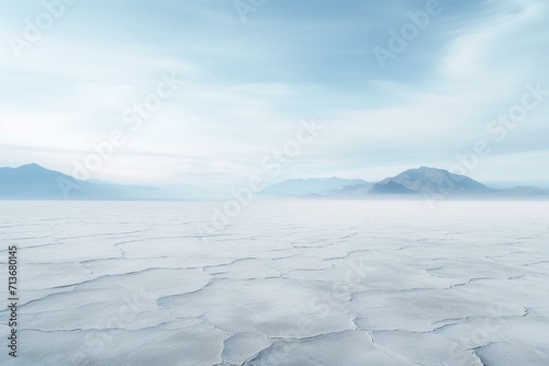 An infinite expanse of desolation on a salt flat flowing into the ocean's hazy distance. Generative AI
