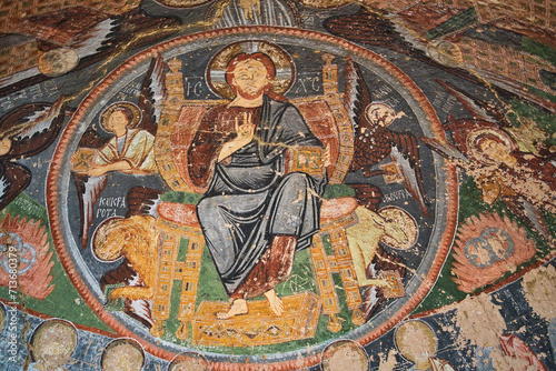 Hacli Church or Church of Three Crosses in Rose Valley has well preserved frescoes of scenes from Christian traditions in Byzantine style at Cappadocia, Anatolia, Turkey