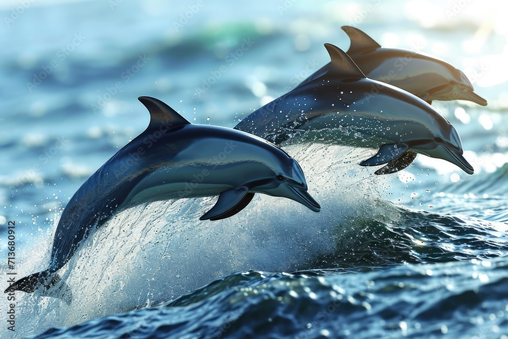 Obraz premium A playful group of dolphins leaping gracefully through the waves in perfect synchrony