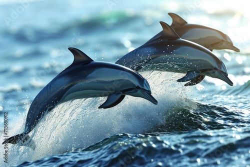 A playful group of dolphins leaping gracefully through the waves in perfect synchrony