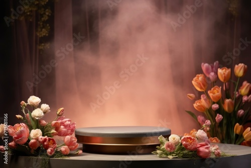 Round podium with smoke on nowruz flower background. High quality photos  no text on images generative ai