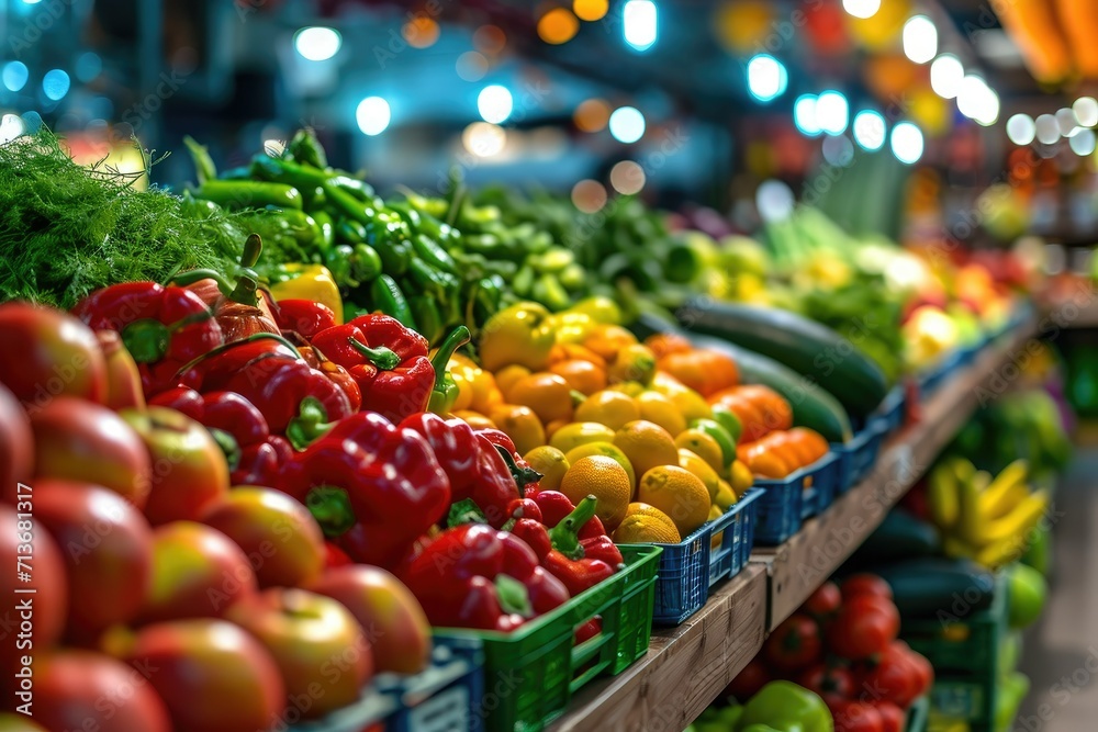 A vibrant image capturing the beauty of a fresh produce market with colorful fruits and vegetables A vibrant image capturing the beauty of a fresh produce market with colorful fruits and vegetables