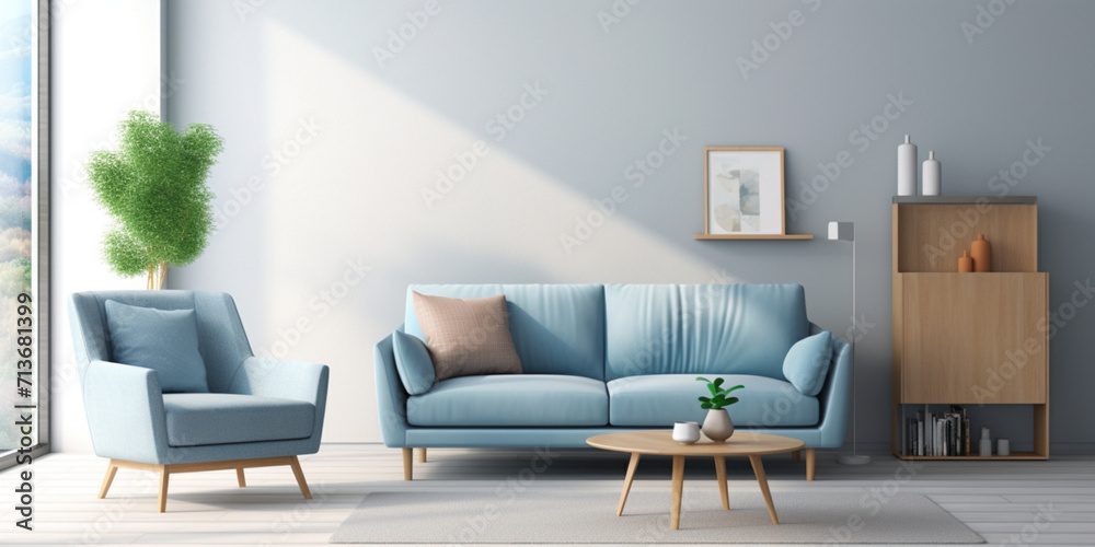 Scandinavian living room interior with blue couch,Simplicity in Style: Scandinavian Living Room Featuring Blue Couch
