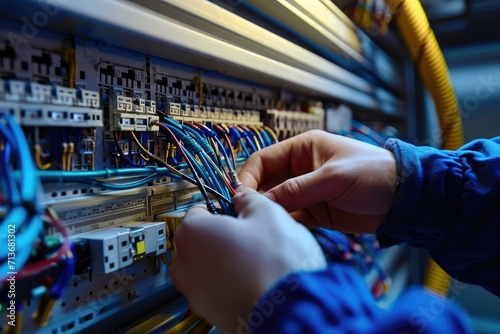 A technician carefully wiring an industrial electrical panel photo