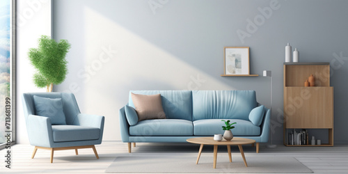 Scandinavian living room interior with blue couch,Simplicity in Style: Scandinavian Living Room Featuring Blue Couch  © Umair