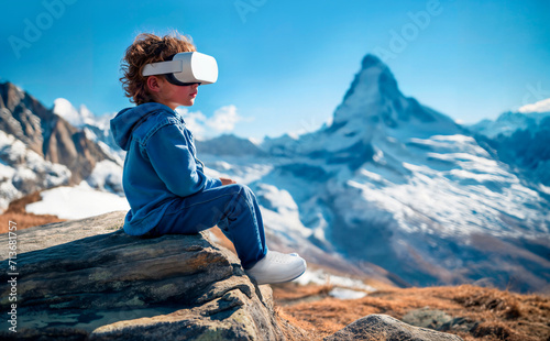 Child wearing a virtual reality headset with a mountainous landscape in the background
