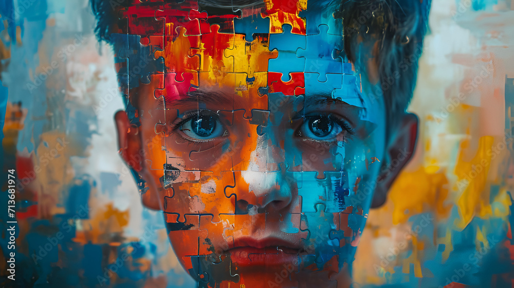 puzzle colorful boy head broken puzzle, Generative Ai