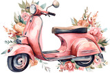 Watercolor hand painted scooter illustration isolated on a white background. Vintage motorbike with flowers design.