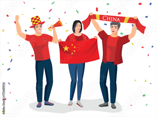 China Asia fans team joy cup fun vector icon logo sign art ball game flag template male men boy girl young party set pose fun glory joy lover cheer sport pride day event graphic design red	
