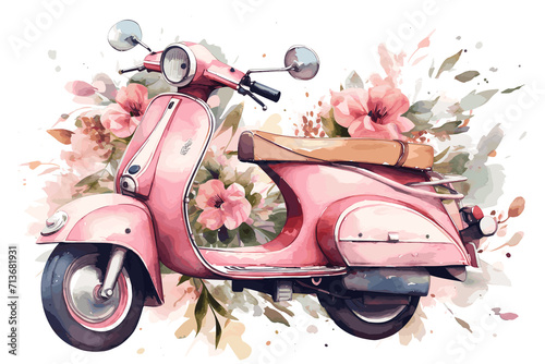 Watercolor hand painted scooter illustration isolated on a white background. Vintage motorbike with flowers design. photo
